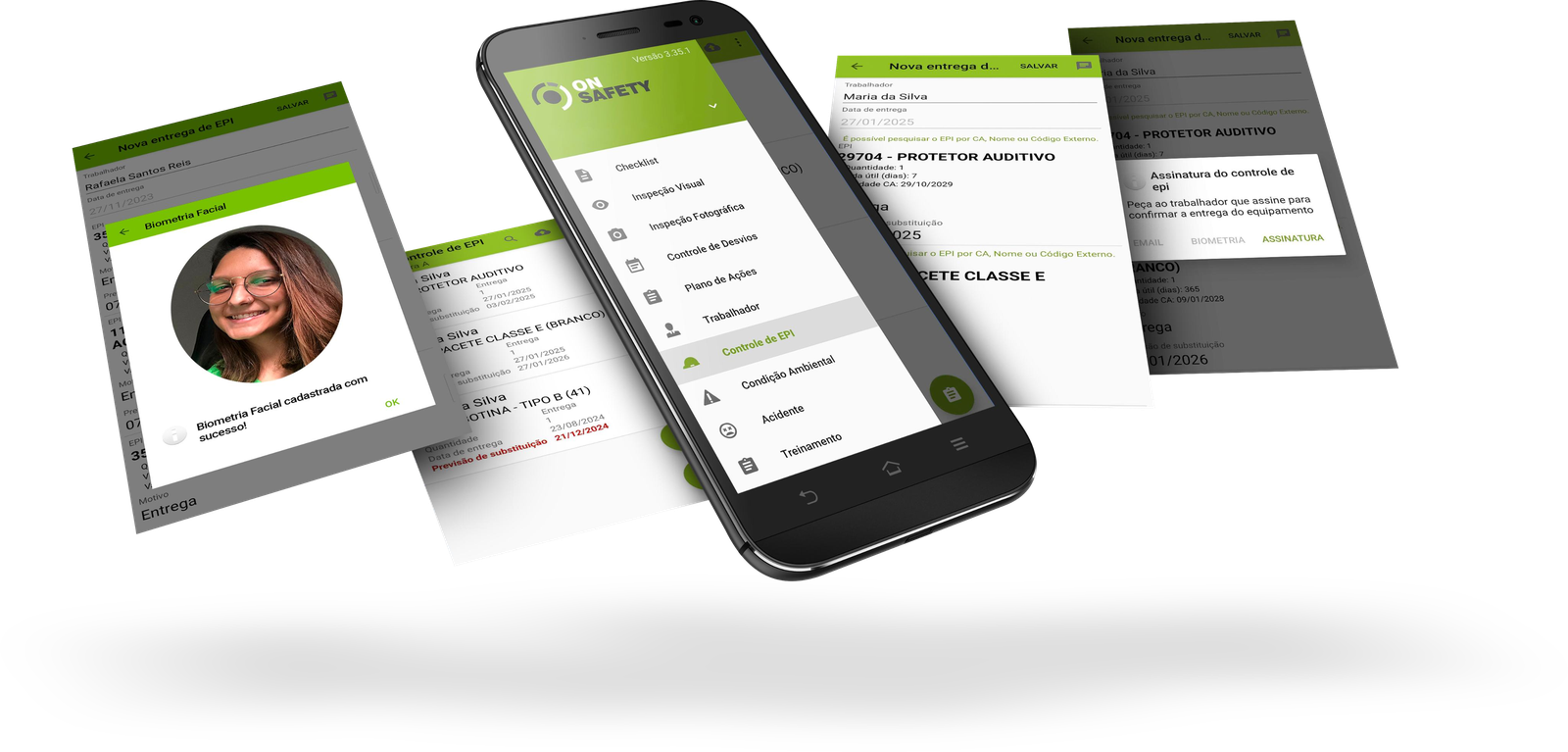 Telas do aplicativo OnSafety: menu de módulos, entrega de EPI, cadastro de biometria facial e assinatura do controle de EPI