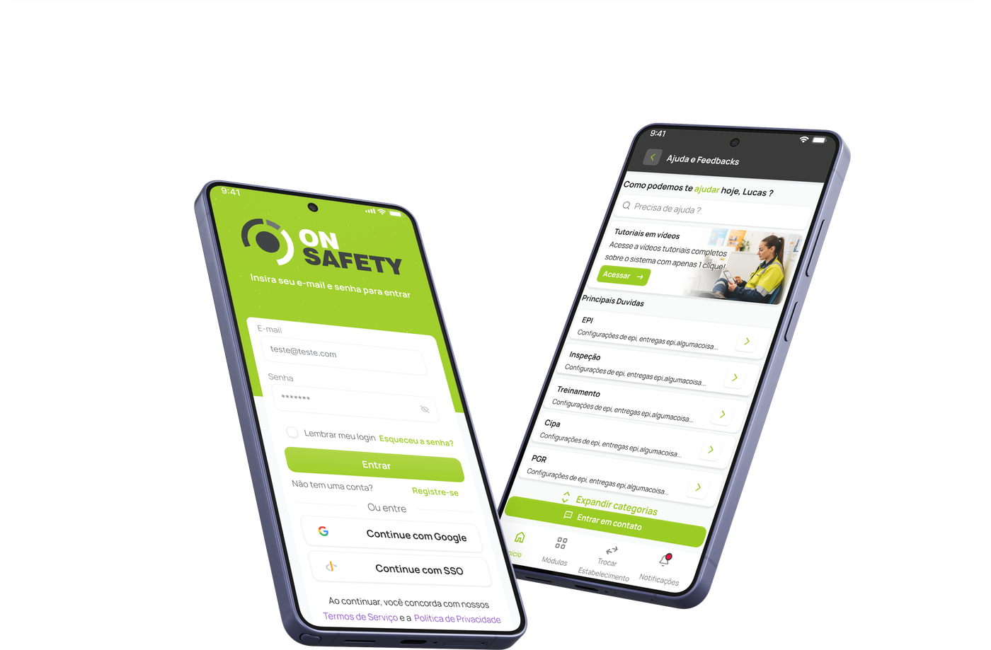 Aplicativo OnSafety aberto em dois smartphones: tela de login e central de ajuda com os módulos EPI, Inspeção, Treinamento, CIPA e PGR