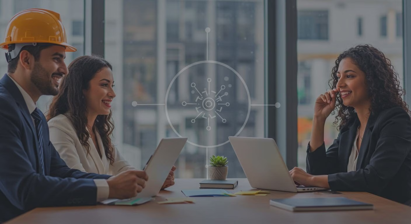 Equipe de gestão reunida analisando informações em tablet e notebook
