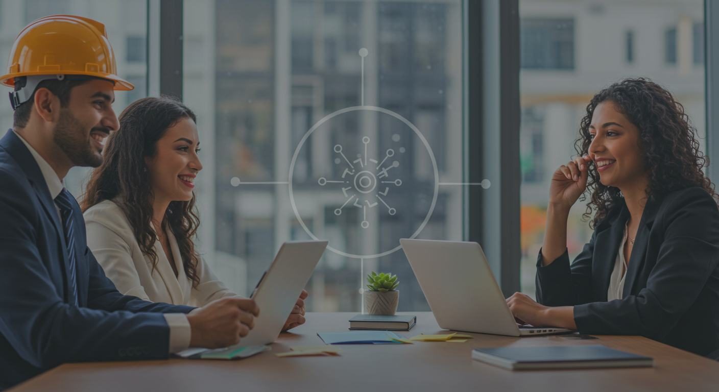 Equipe de gestão reunida analisando informações em tablet e notebook
