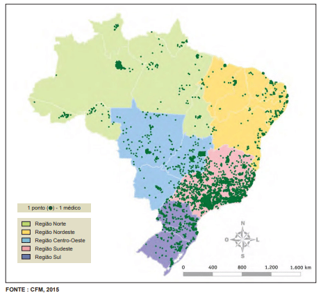 Um mapa detalhado do Brasil ilustrando onde há mais médicos no país. Mostrando a região nordeste e norte desfavorecida.